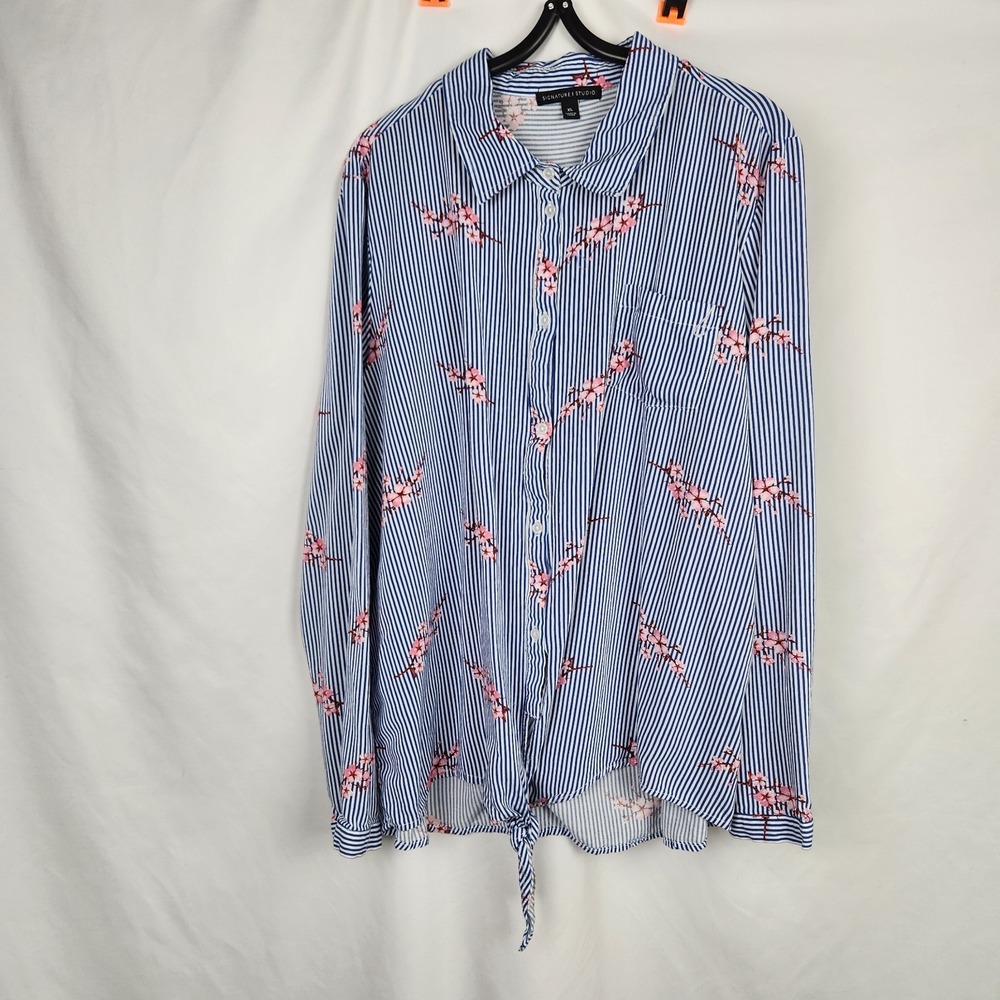 Signature Studio Womens Button Down‎ Floral Shirt Striped Front Tie Sz XL